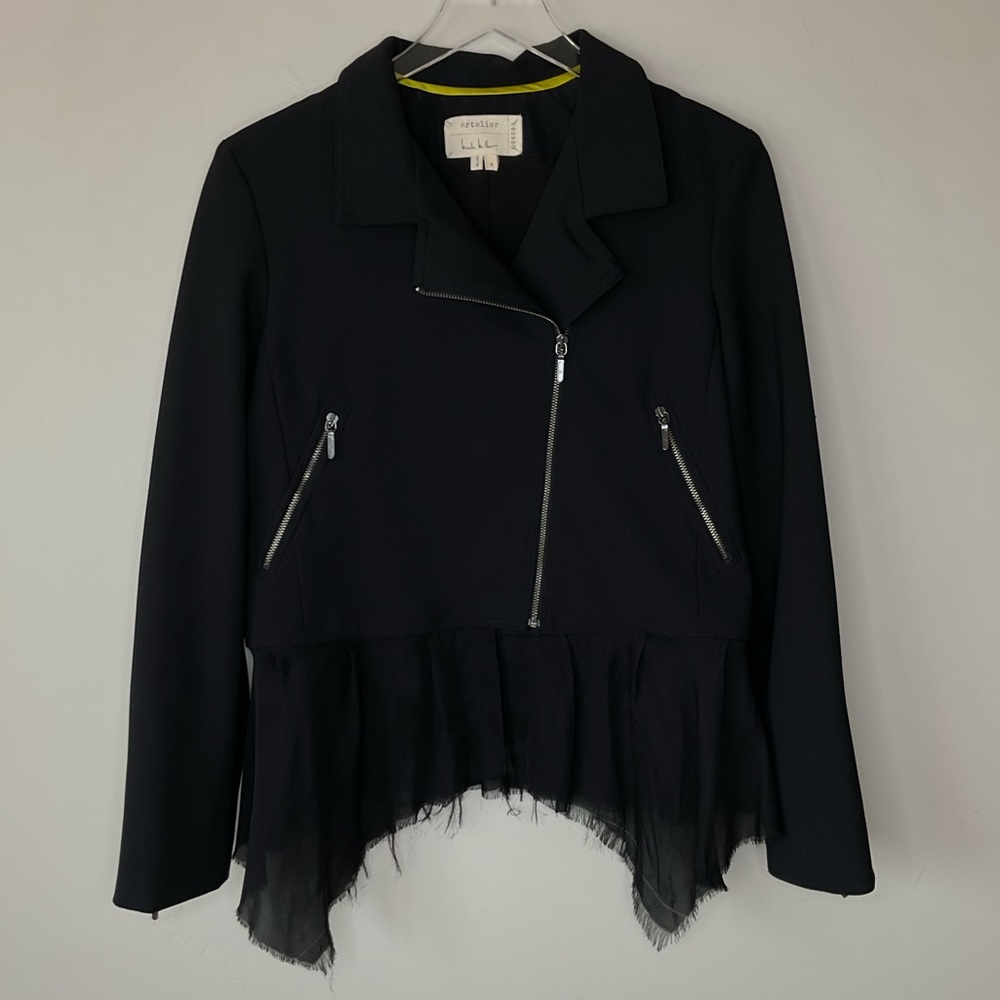 Nicole Miller Artelier Black Moto Jacket Silk Hem Size S Whimsigoth Goth